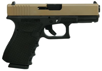 Glock 17 Gen 4 9 mm Improvements •Reversible Magazine Catch •Textured  backstrap options. •Improved guide rod and spring. •Magazine improvements  Specifications: •Caliber: 9mm •Action: Safe (D.A.O.) •Length (Slide): 6.85  •Length between Sights: 5.98 •B