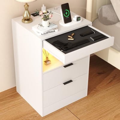 Night Stand with Gun Drawer & Invisible Lock, Bedside Table, LED Nightstand with Charging Station, Modern Night Stand with 2 Pull-Out Shelf, White - $85.97 + FREE Shipping