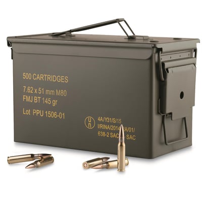 PPU, 7.62x51mm, FMJBT, 145 Grain, 500 Rounds with Can - $313.49 (Buyer’s Club price shown - all club orders over $49 ship FREE)