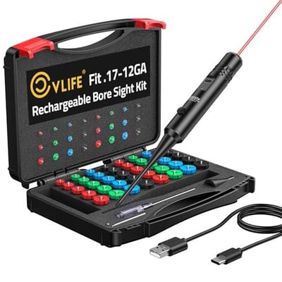 40% off CVLIFE Rechargeable Bore Sight Laser Kit with 64 Adapters fit 0.17 to 12GA Calibers, Professional Red/Green Laser Bore Sight with Button Switch, Powerful Choice for Hunting Bore Sight Tool w/code ESBIGS9F - $21.59 + FREE Shipping