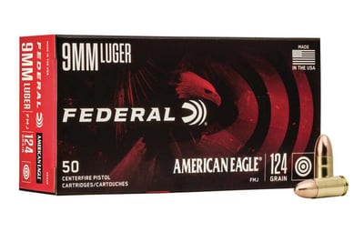 Federal 9mm Luger 124 gr FMJ American Eagle 50/Box - $13.49