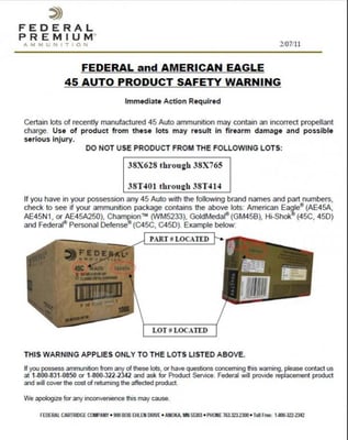 Federal and American Eagle 45ACP recall notice
