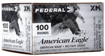 Federal American Eagle XM 5.56x45mm NATO 55gr FMJBT 100rd Box - $67.49