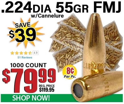 Bulk FMJ - 22 Caliber .224 Diameter 55 Grain Full Metal Jacket With Cannelure 1000 Count - $79.99 