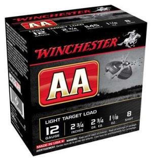 Winchester AA Light Target Ammunition 12 Gauge 2-3/4" 1-1/8 oz #8 Shot Case of 250 (10 Boxes of 25) 