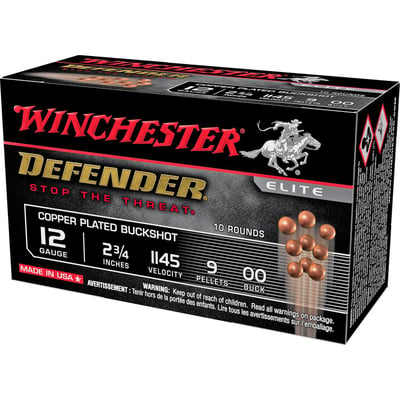 Winchester Defender Copper 12 Gauge 2.75" 9 Pellets 00 Buckshot 10 Rounds