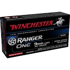 Winchester Ranger ONE Ammo 9mm 147 Grain Hex-Vent Bonded JHP Law Enforcement Nickel Plated Brass Cased 50 Rd. 020892226791