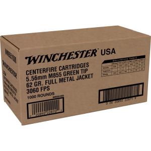Winchester 5.56x45mm NATO 62 grain Green Tipped Full Metal Jacket Brass Cased Centerfire Rifle Ammo 1000 Rounds WM8551000 WM8551000