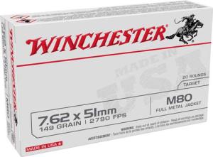 Winchester USA Lake City M80 Rifle Ammunition 7.62x51mm 149 gr. FMJ 2790 fps 20/ct 020892229716