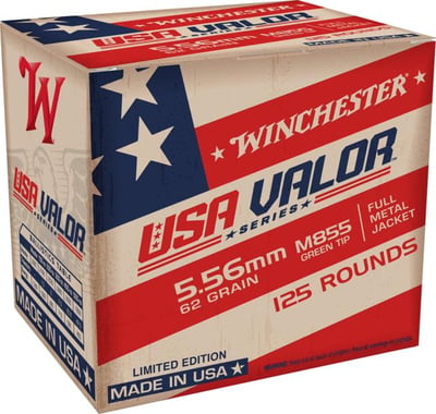 Winchester USA Valor 5.56mm 62 grain Full Metal Jacket Green Tip Brass Centerfire Rifle Ammo 125 USA855125 020892230798
