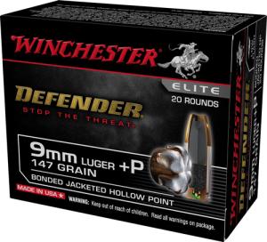 Winchester Defender Bonded Handgun Ammunition 9mm Luger (+P) 147 gr. JHP 1030 fps 20/ct