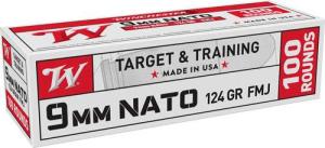 Winchester 9 mm Luger Ammunition Nato 9mm Luger 124 Grain Full Metal Jacket Pistol Ammo 100 Rounds W9NATOVP