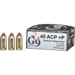 G9 Defense .45 ACP +P Ammunition 117 Grain External Hollow Point Solid Cooper 20 Rounds