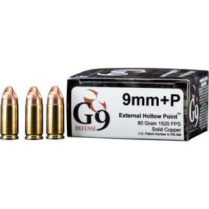 G9 Defense 9mm +P Ammo 80 Grain Hollow Point Brass Cased 20 Rounds