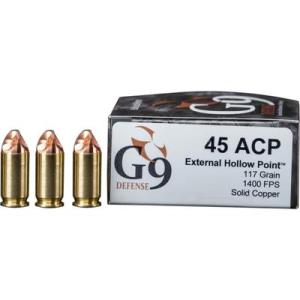 G9 Defense .45 ACP Ammunition 117 Grain External Hollow Point Solid Cooper 20 Rounds E-45ACP-117A