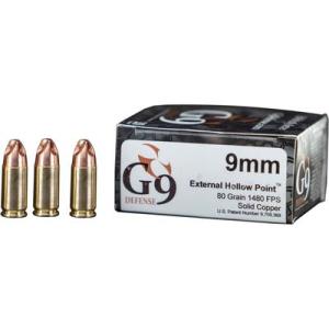 G9 Defense Ammo 9mm Luger 80 Grain Fluted Lead Hollow Point Brass 1480 fps 20 Rd./Box