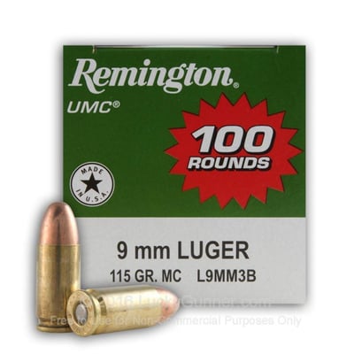 Remington Ammunition L9MM1B UMC  9mm Luger 115 gr Jacketed Hollow Point (JHP) 100 Bx/ 6 Cs (Value Pack)