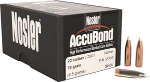 Nosler Bullets & Shot Accubond 22 Caliber .224 70 GR Spitzer 50 Box 53780