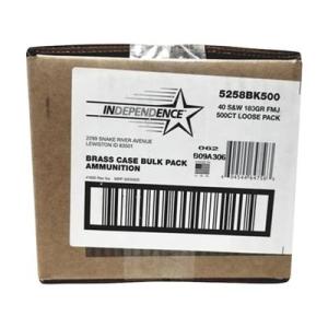 Independence Ammo .40 S&W 180 Grain Full Metal Jacket Brass Cased Centerfire Pistol Ammunition 500 Rounds 5258BK500