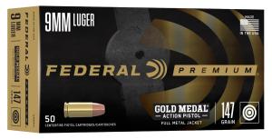 Federal Premium 9mm Luger Gold Medal Action Pistol, Flat Nose,147gr, 50ct 0604544688030