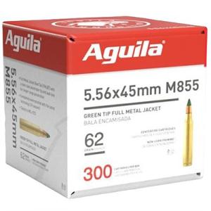 Aguila Ammunition 5.56x45mm NATO 62 Grain Green Tipped Full Metal Jacket Brass Cased Centerfire Rifle Ammo 300 Rounds 1E556125 0640420012735