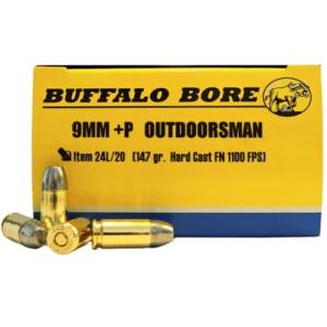 Buffalo Bore Ammunition Outdoorsman 9mm Luger +P 147 Grain Hard Cast Lead Flat Nose Box of 20 0651815024141