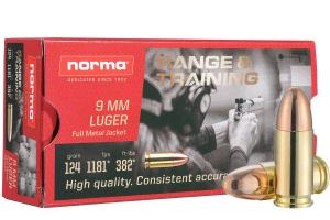Norma Ammunition Range and Training 9mm Luger 124 gr Full Metal Jacket (FMJ) Ammunition 50rd Box 0810036150262