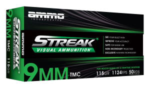 Ammo Inc Streak 9mm 115 gr TMC 50rds Handgun Ammo for Visibility and Precision - 9115TMCSTRKGRN50