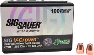 Sierra Sig Sauer V-Crown Bullets 9mm (355 Diameter) 90 Grain Jacketed Hollow Point Box of 100