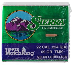 Sierra Tipped MatchKing (TMK) Bullets 22 Caliber (224 Diameter) 69 Grain Polymer Tip Boat Tail Box of 500 7169C