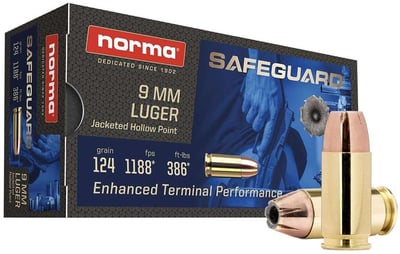 Norma Safeguard Handgun Ammunition 9mm Luger 124gr JHP 1188 fps 50/ct