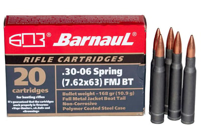 BarnauL Ammo .30-06 SPR Polycoated Steel Case 168 Gr FMJ 2612 FPS 500 Rd./Case