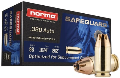Norma Safeguard .380 ACP 88 gr JHP 50rds Handgun Ammo for Effective Concealed Carry - 803807680