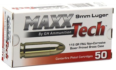 Maxx Tech 9mm 115 gr FMJ Brass Case Target Ammo 50Rnd