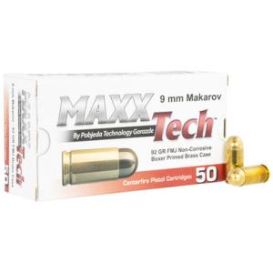 MAXXTech 9x18 Makarov Ammunition 92 Grain FMJ 50 Rounds