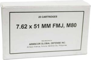 Armscor 7.62x51mm (.308) 147GR M80 BRASS RIFLE AMMUNITION 20rd BOX 