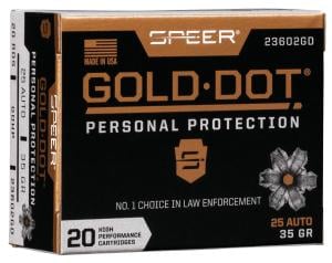 Speer Ammo Gold Dot Personal Protection 25 ACP 35 gr 900 fps Hollow Point 23602GD Single Box - 20 Rounds 23602GD