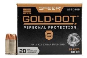 Speer Ammo Gold Dot 32 ACP 60 Gr GDHP 20 Ct 23604GD