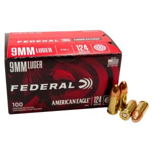 Federal American Eagle Handgun Ammo 9mm Luger 124 gr FMJ 1150 fps 100/ct AE9AP100