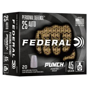 Federal Personal Defense Punch Handgun Ammunition .25 Auto 45gr Solid 825 fps 20/ct PD25P1