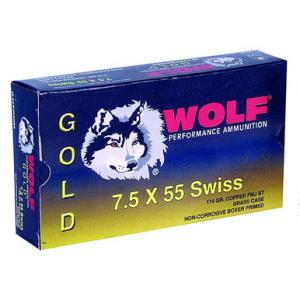 Wolf Gold 7.5x55 Swiss Ammunition 174 Grain FMJ 2526 fps 20 Rounds