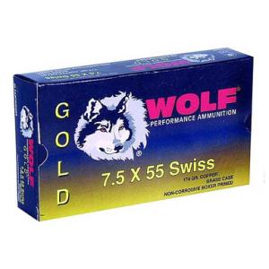 Wolf Gold 7.5x55 Swiss Ammo 174 Grain SP Brass Cased Copper Jacketed 2526 fps 20 Rounds