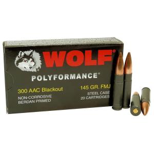Wolf Polyformance 145 gr FMJ Steel Cased 300 Blackout Ammunition, 20 Rounds - WOLA300AACFMJ 645611308673