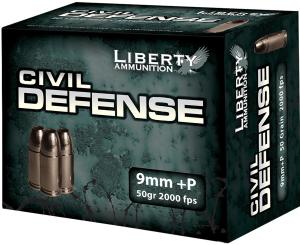 Liberty Ammunition Civil Defense 9mm Luger +P 50 Grain HP Brass Case Centerfire Pistol Ammo 20 Rounds Box LA-CD-9-014