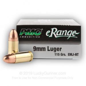 PMC Ammo 9mm Luger Silver eRange 115 Grain EMJ Non Toxic Bullet 1150 fps 50 Rounds 9EMA