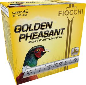 Fiocchi, Golden Pheasant, 20 Gauge, 3" Shells, 1 1/4 oz., Nickel Plated, 25 Rounds 203GP6