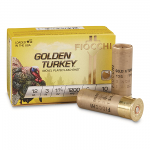 Fiocchi Golden Turkey Nickel Plated Shotshells 12ga 3" 1-3/4oz 1200 fps #6 10/ct
