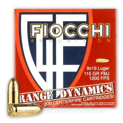 Fiocchi Range Dynamics 115 gr FMJ 9mm Ammo, 200rds - 9ARD