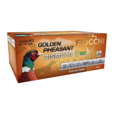 Fiocchi Golden Pheasant Bismuth 12 Gauge 3" #4 1-1/4 oz 10rds Shotshell - Top-Quality Bismuth for Pheasant Hunting - 12GPB4