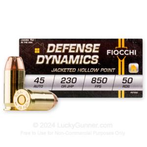 Fiocchi Defense Dynamics .45 ACP Ammunition 230 Grain JHP 850 fps 500 Rounds 